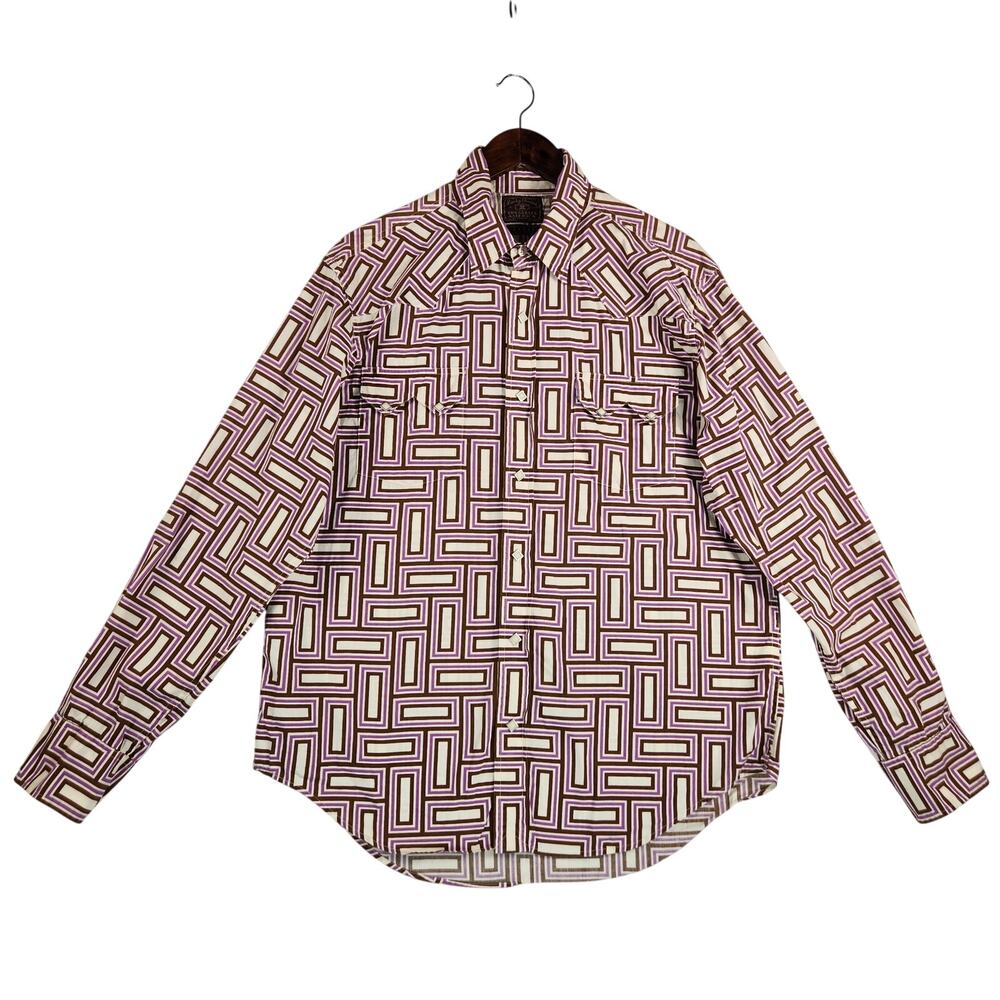 Lucky Brand Men’s Western Pearl Snap Shirt SZ LG Purple Design Cream Background